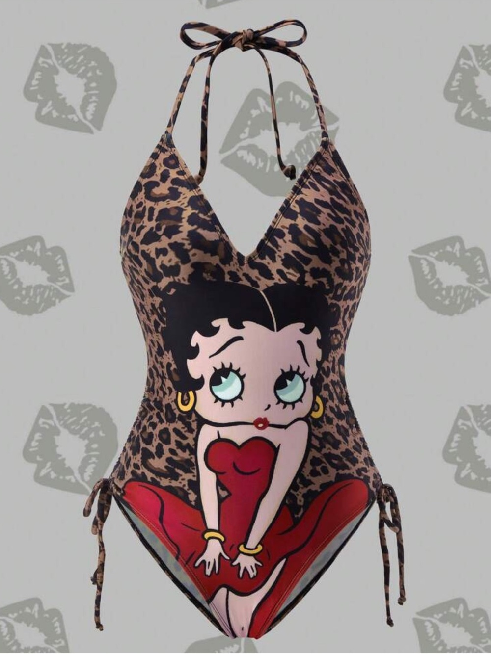 Leopard Print Betty Boop One-Piece Swimsuit - Brown/Red
